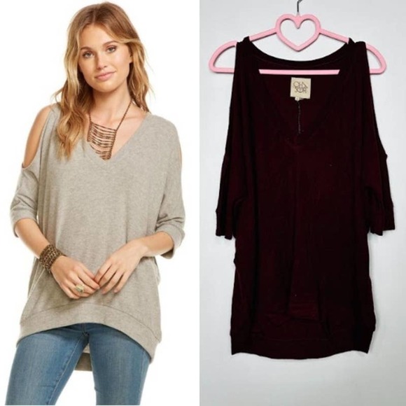 Chaser NWT 3/4 Sleeve V-Neck Cold Shoulder Dolman Tunic Top Maroon Size Medium - Picture 1 of 6